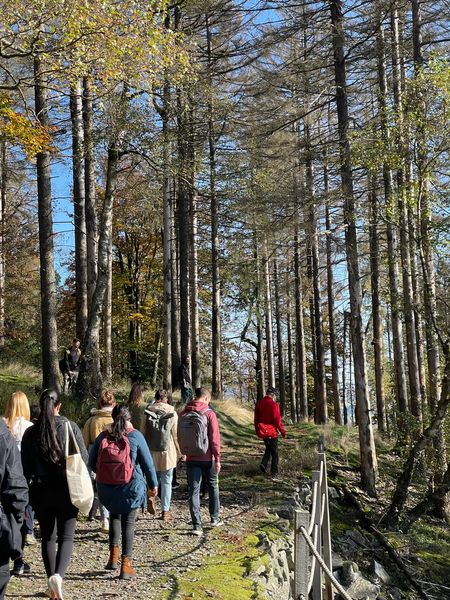 Exkursion im Nationalpark. Gruppe wandert durch Wald.