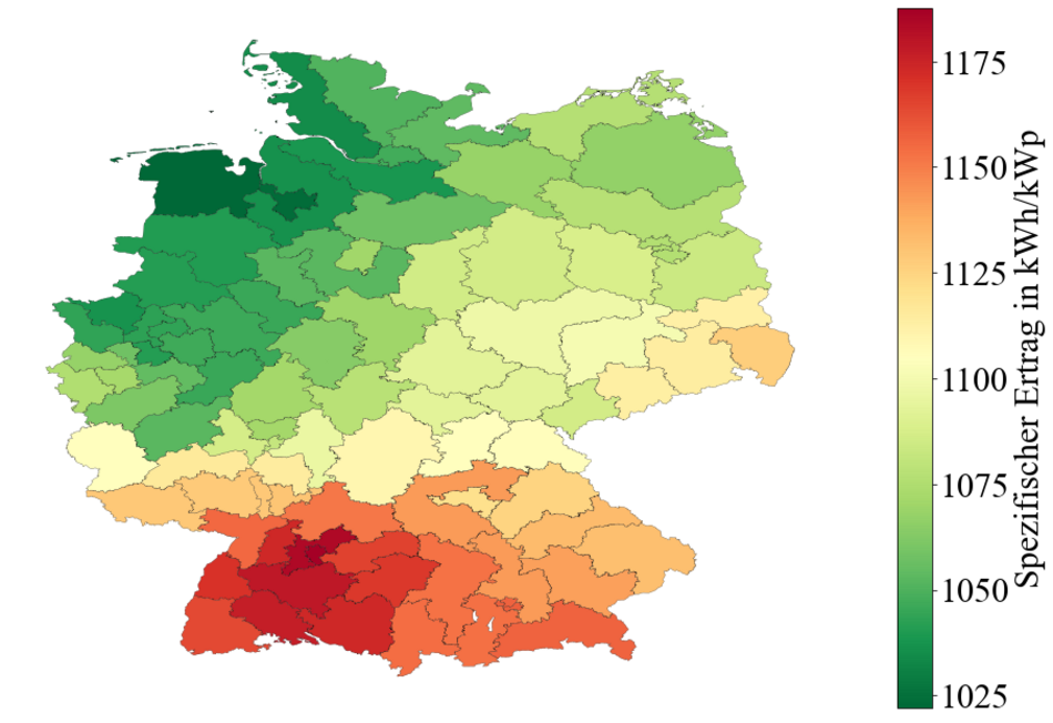 Map of the specific yield in 2020 Distribution of the specific yield of roof-top PV systems 2020 in Germany