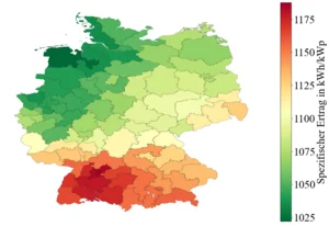Map of the specific yield in 2020 Distribution of the specific yield of roof-top PV systems 2020 in Germany